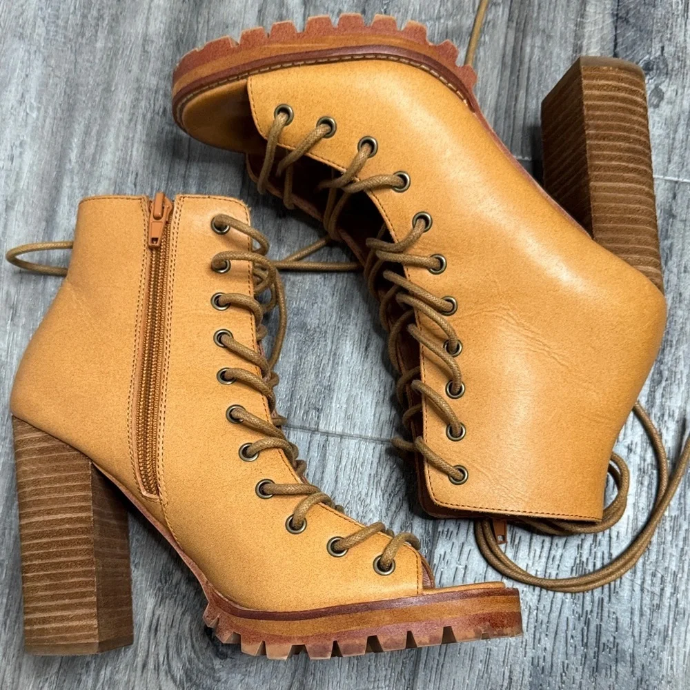 Jeffrey Campbell x Free People Palermo Heel Ankle Boots Tan 8.5 Open Toe Lace Up - Picture 2 of 8